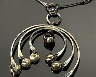 Vintage Sterling Silver Tigers eye Necklace Israel 925 Modernist	25in Long Centerpiece : 57x60mm	
