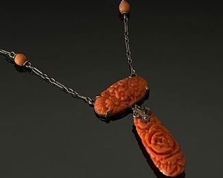 Antique 14k gold Carved Coral floral Pendant Necklace	16in Long Centerpiece: 28x10mm	
