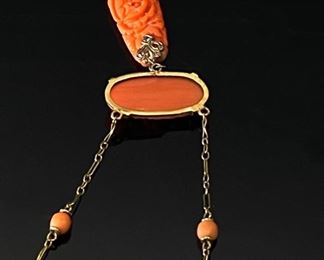 Antique 14k gold Carved Coral floral Pendant Necklace	16in Long Centerpiece: 28x10mm	

