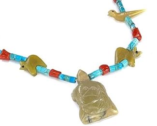 Vintage Zuni Fetish Bird & Turtle Necklace Turquoise Coral Heishi Native American Heishe	27in long	
