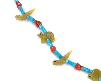 Vintage Zuni Fetish Bird & Turtle Necklace Turquoise Coral Heishi Native American Heishe	27in long	

