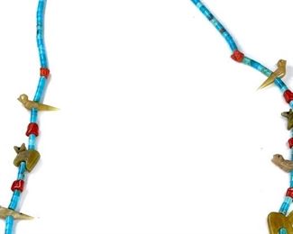 Vintage Zuni Fetish Bird & Turtle Necklace Turquoise Coral Heishi Native American Heishe	27in long	
