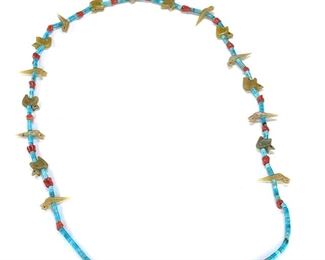 Vintage Zuni Fetish Bird & Turtle Necklace Turquoise Coral Heishi Native American Heishe	27in long	
