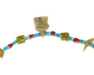 Vintage Zuni Fetish Bird & Turtle Necklace Turquoise Coral Heishi Native American Heishe	27in long	
