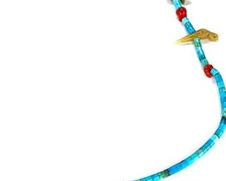 Vintage Zuni Fetish Bird & Turtle Necklace Turquoise Coral Heishi Native American Heishe	27in long	
