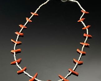 Vintage Zuni Fetish Bird & Turtle Necklace Coral & Shell Heishi Native American Heishe	23in	
