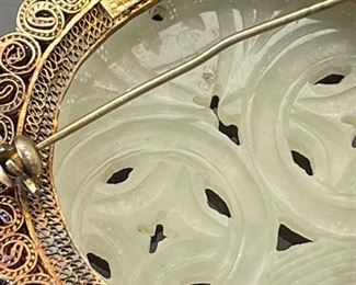 Chinese White Jade Disc Pin Brooch Silver Mount	2.25in Diameter	
