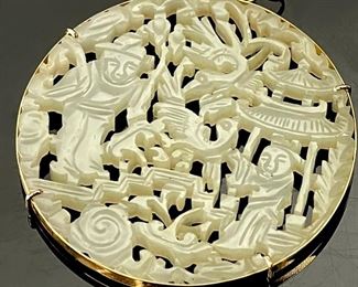 Chinese White Jade Disc Pendant Gold mount	2.25in Diameter	
