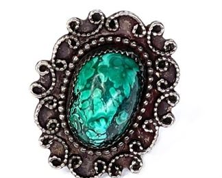 Vintage Hand Made Malachite & Silver Ring Sz: 6	Size: 6 center: 36x30mm	
