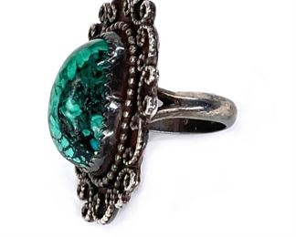 Vintage Hand Made Malachite & Silver Ring Sz: 6	Size: 6 center: 36x30mm	

