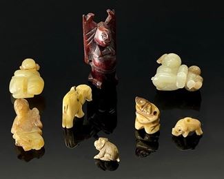 Lot of 8 Antique Chinese Jade/Ivory/Rosewood Charms Asian Netsuke	Rosewood largest: 52x23x16mm	
