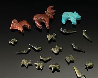 Lot of 20 Native American Hand Carved Fetishes Bird Bear Ram	Largest: 38x35x9mm	
