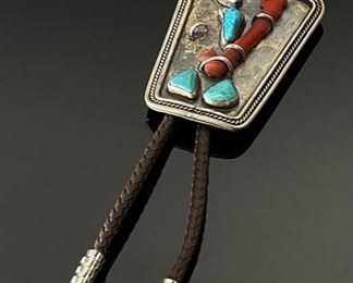 AS-IS Vintage Native American Turquoise Coral & Silver Bolo Tie	Centerpiece: 2.5x1.75in	
