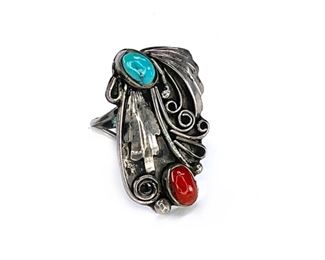 Vintage Native American Turquoise, Coral & Silver Ring Size 6	Size: 6	
