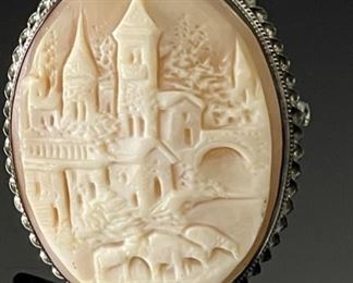 Antique Cameo Pendant Brooch Carved Shell Landscape	49x38x12mm	
