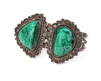 Handmade Malachite and Silver Cuff Bracelet	Size: 6.75 Centerston: 32x28mm	
