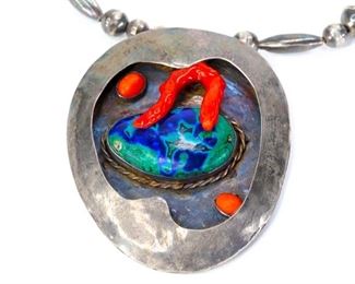 Native American Silver Beaded Necklace Coral Malachite	24.5in Long Centerpiece: 3x2.5in	
