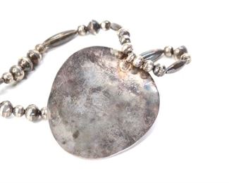 Native American Silver Beaded Necklace Coral Malachite	24.5in Long Centerpiece: 3x2.5in	
