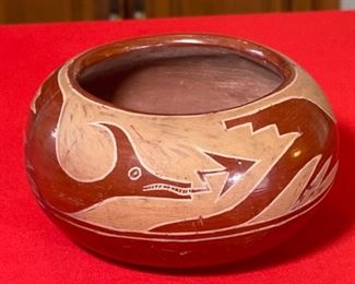 AS-IS Primitive Avanyu Red Pueblo Pot Redware Native American Pottery  San Ildefonso Santa Clara Pueblo	3.75x7in diameter	
