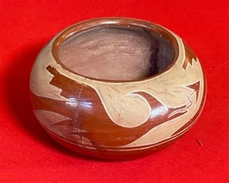 AS-IS Primitive Avanyu Red Pueblo Pot Redware Native American Pottery  San Ildefonso Santa Clara Pueblo	3.75x7in diameter	
