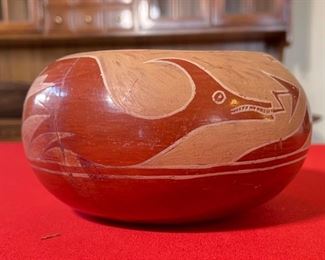 AS-IS Primitive Avanyu Red Pueblo Pot Redware Native American Pottery  San Ildefonso Santa Clara Pueblo	3.75x7in diameter	
