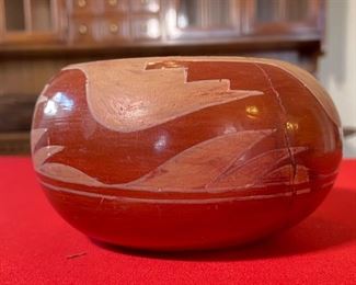 AS-IS Primitive Avanyu Red Pueblo Pot Redware Native American Pottery  San Ildefonso Santa Clara Pueblo	3.75x7in diameter	
