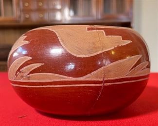 AS-IS Primitive Avanyu Red Pueblo Pot Redware Native American Pottery  San Ildefonso Santa Clara Pueblo	3.75x7in diameter	
