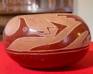 AS-IS Primitive Avanyu Red Pueblo Pot Redware Native American Pottery  San Ildefonso Santa Clara Pueblo	3.75x7in diameter	
