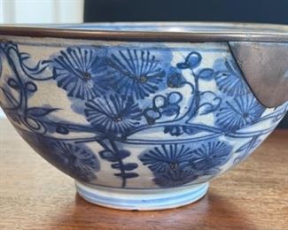 Antique Chinese Porcelain Bowl Blue & White w/ Metal rim	3.5in H x 7.5in Diameter	
