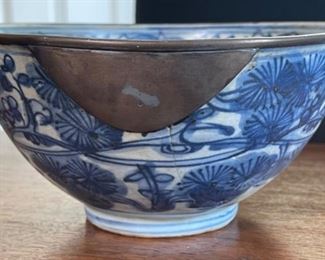 Antique Chinese Porcelain Bowl Blue & White w/ Metal rim	3.5in H x 7.5in Diameter	
