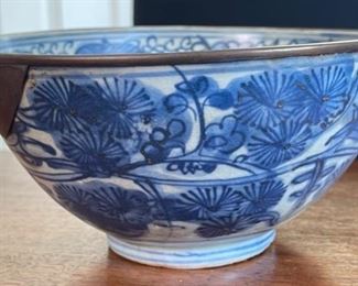 Antique Chinese Porcelain Bowl Blue & White w/ Metal rim	3.5in H x 7.5in Diameter	

