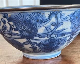 Antique Chinese Porcelain Bowl Blue & White w/ Metal rim	3.5in H x 7.5in Diameter	
