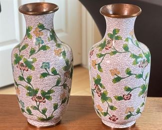 2pc Chinese Cloisonne Vases Cloisonné PAIR Enamel	9in H x 3in Diameter at rim	
