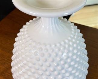 Fenton Milk Glass Ivy Bowl Hobnail Crimped Rim	7in H x 5.5in Diameter	
