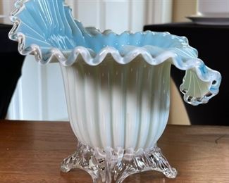 Lg Jack in the Pulpit glass vase footed Blue White Opalescent	6.5x8.25x6in D	HxWxD
