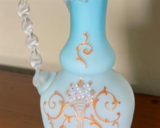 Antique Ruffle Rim Art Glass Pitcher	10 inch high	
