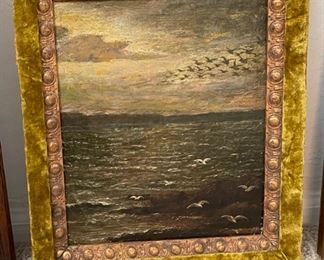 Antique Art Original  Oil Painting birds over water 	Frame: 16 x 13in	
