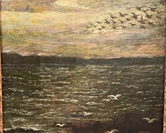Antique Art Original  Oil Painting birds over water 	Frame: 16 x 13in	
