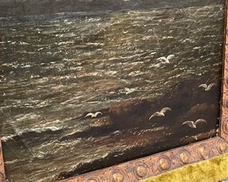 Antique Art Original  Oil Painting birds over water 	Frame: 16 x 13in	
