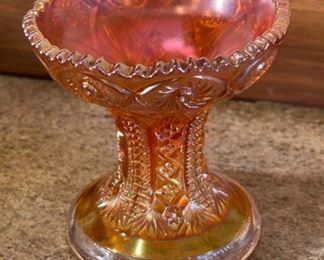 Imperial Marigold Carnival Glass Whirling Star Compote	5.5 in H x  5.5 in diameter	
