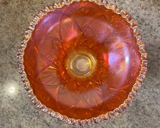 Imperial Marigold Carnival Glass Whirling Star Compote	5.5 in H x  5.5 in diameter	
