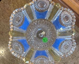 Antique Pedestal Bowl Blue Gold Clear	7.5 x 8.5” diameter	
