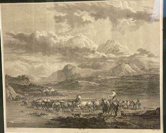 Antique Etching Nicolaes Berchem Pinxit Le Gue Framed Print	Frame: 15 x 18.5in	
