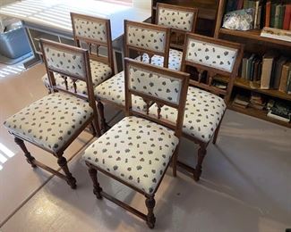 6 Oak and rose pattern cushion dining chairs	35“ x 18“ x 17.5“ 20 inches seating height	
