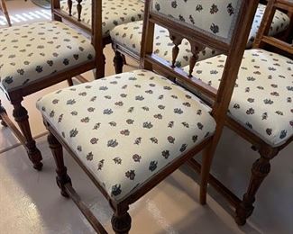 6 Oak and rose pattern cushion dining chairs	35“ x 18“ x 17.5“ 20 inches seating height	
