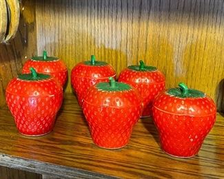 6pc Vintage Hazel Atlas Milk Glass Red Strawberry jam pot, jar w/ lid	4 x 3.5	
