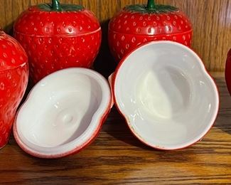 6pc Vintage Hazel Atlas Milk Glass Red Strawberry jam pot, jar w/ lid	4 x 3.5	
