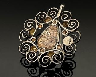 Native American Sterling Silver, Jet &  Turquoise Pendant Signed	47x42mm	
