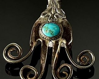 Silver & Turquoise Artist Made Fork Pendant	57x47mm	
