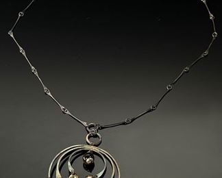 Vintage Sterling Silver Tigers eye Necklace Israel 925 Modernist	25in Long Centerpiece : 57x60mm	
